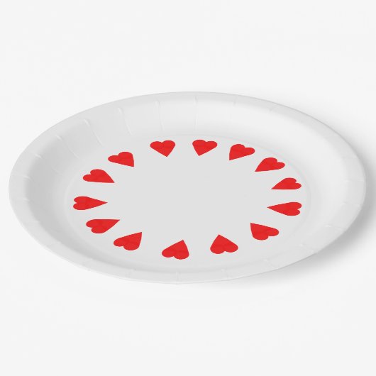 Assiette en papier - Cercle de cœurs rouges (Angle)