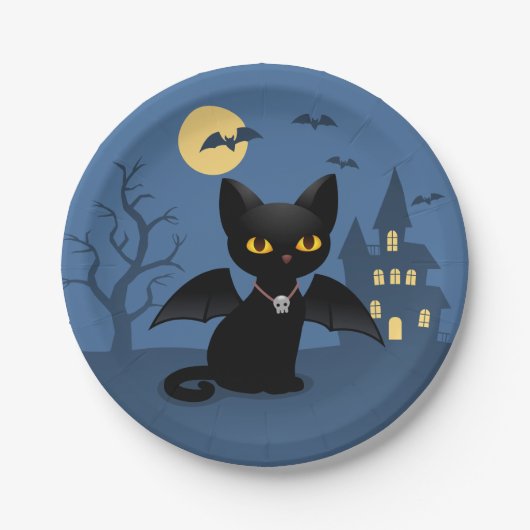 Assiette en papier chat noir de vampire d'Hallowee (Devant)