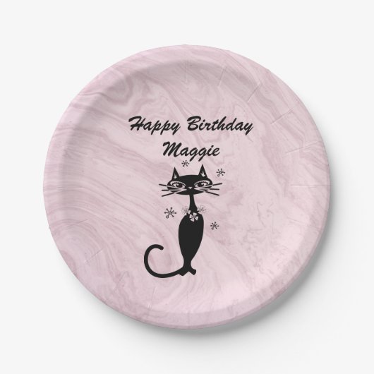 Assiette en papier chat rose rétro atomique (Devant)
