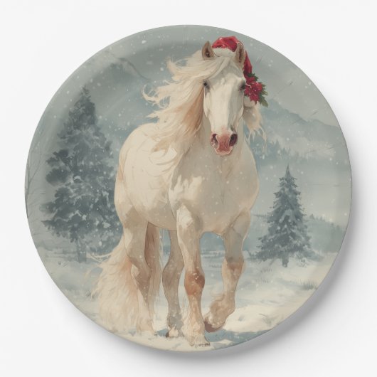 Assiette en papier Cheval Blanc de Noël (Devant)