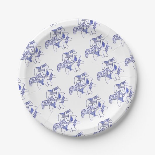 Assiette en papier Cheval Dala bleu et blanc (Devant)