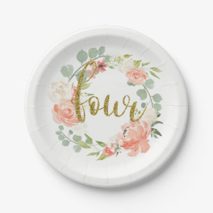 Assiette en papier Couronne florale rose or pour 4