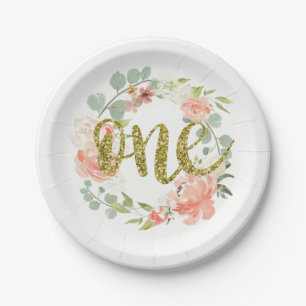 Assiette en papier Couronne florale rose or pour p