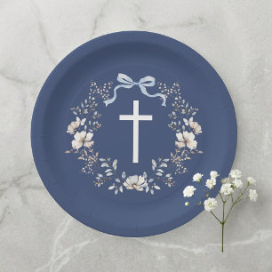Assiette en papier croix florale bleu marine éléga