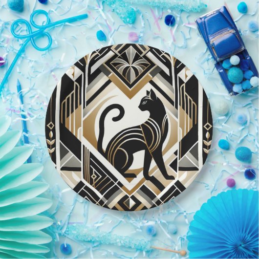 Assiette en papier de chat noir décoratif abstrait (Fête)