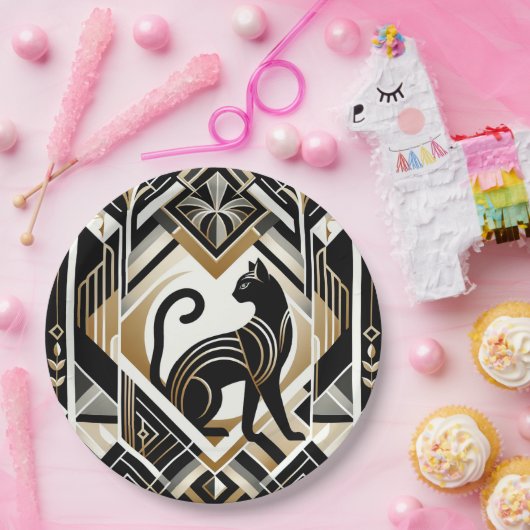 Assiette en papier de chat noir décoratif abstrait (Fête)