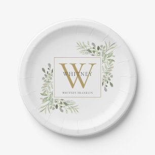Assiette en papier élégante à monogramme doré et v