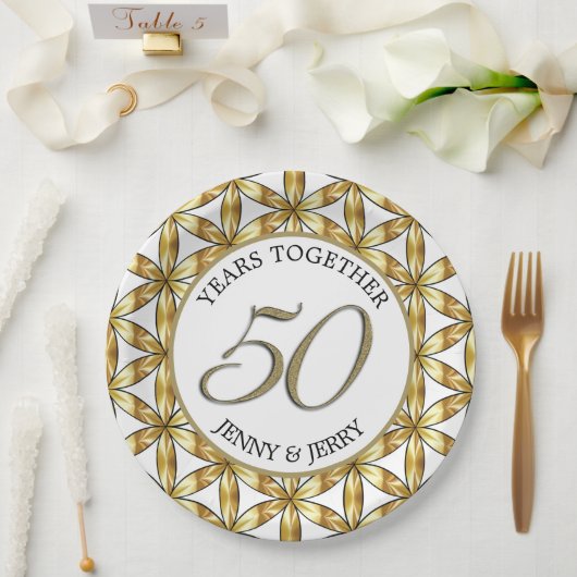 Assiette en papier élégante Or et Blanc pour Anniv (Mariage)