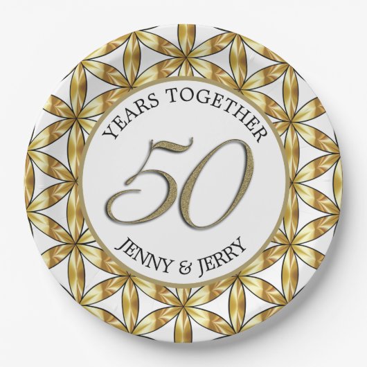 Assiette en papier élégante Or et Blanc pour Anniv (Devant)