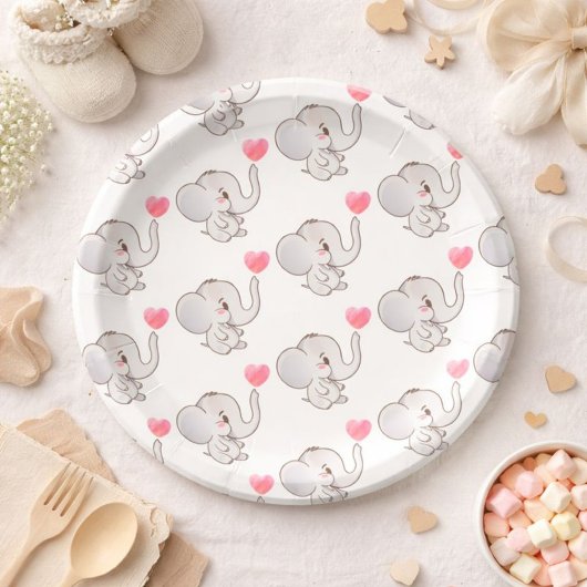Assiette en papier éléphant bébé coeur rose