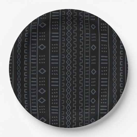 Assiette en papier en mudcloth noir et gris design (Devant)