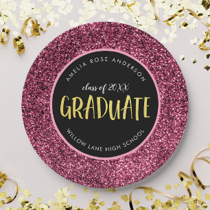 Assiette en papier Faux rose pailleté diplômé grad