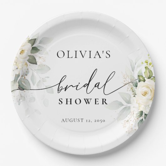 Assiette en papier Fête de mariage Roses blanches  (Devant)