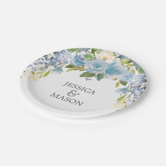 Assiette en papier fleur bleue poussiéreuse (Angle)