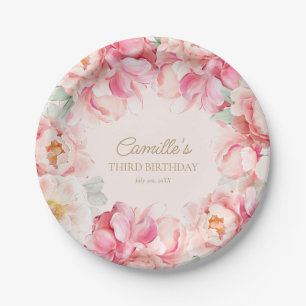 Assiette en papier Fleur rose pour anniversaire de