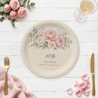 Assiette en papier Fleurs aquarelle rose 60e anniv
