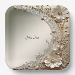 Assiette en papier fleurs blanches perles moderne