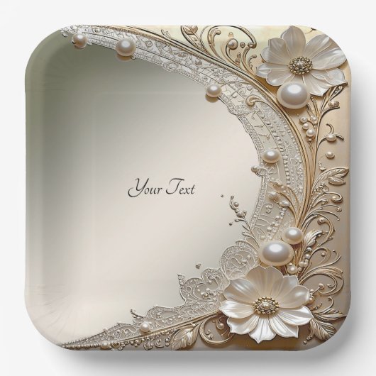 Assiette en papier fleurs blanches perles moderne (Recto)