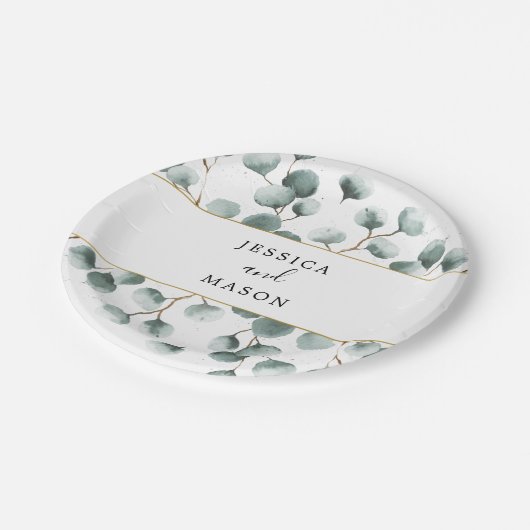Assiette en papier Fleurs d'eucalyptus pour mariag (Angle)