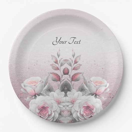 Assiette en papier fleurs rose blanc (Devant)