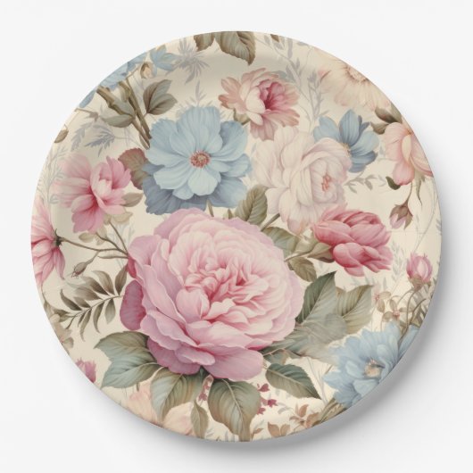 Assiette en papier fleurs rose bleu (Devant)