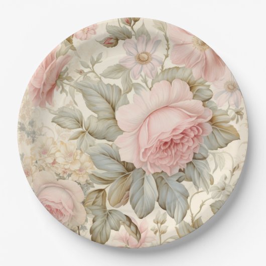 Assiette en papier Fleurs roses (Devant)