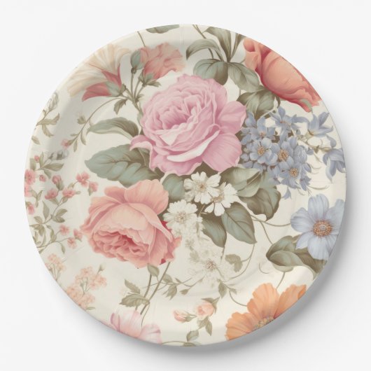 Assiette en papier floral orange rose (Devant)