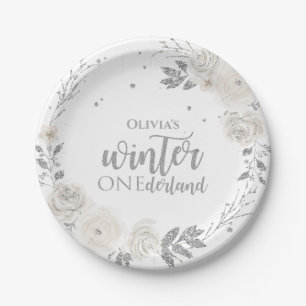 Assiette en Papier Floral Pailleté Argent Onederla