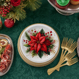 Assiette en papier floral Poinsettia de Noël éléga