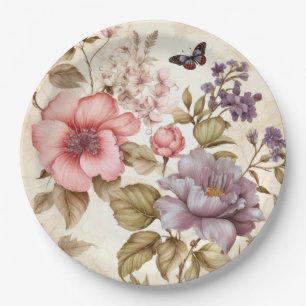 Assiette en papier floral rose violet vintage