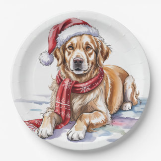 Assiette en papier Golden Retriever Noël