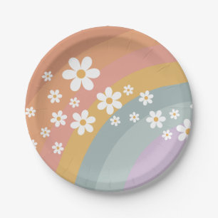 Assiette en papier Groovy Retro Rainbow et Daisy