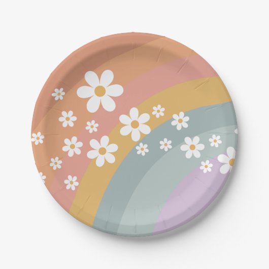 Assiette en papier Groovy Retro Rainbow et Daisy (Devant)