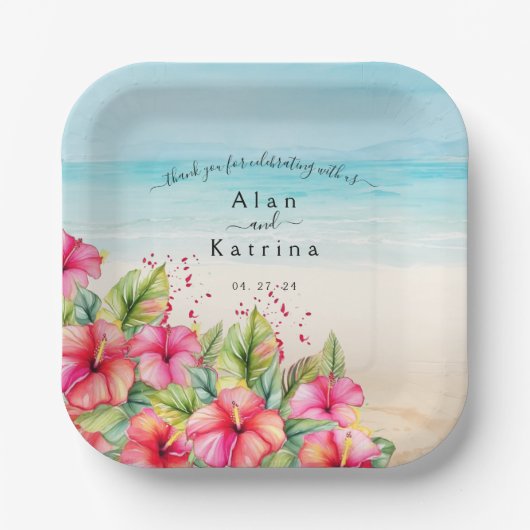 Assiette en Papier Hibiscus de Plage Tropicale (Recto)
