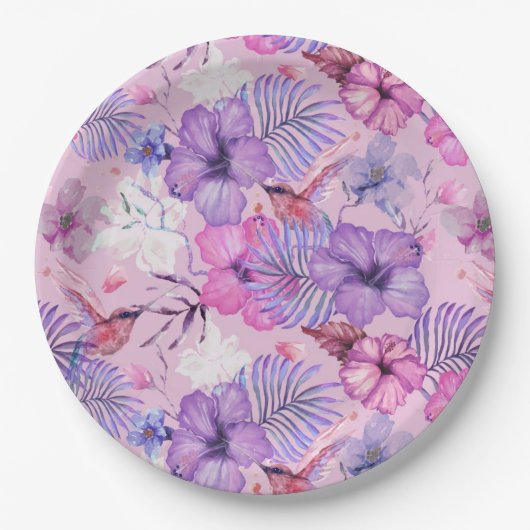 ASSIETTE EN PAPIER: HIBISCUS ET HUMMINGBIRS DE CO (Devant)