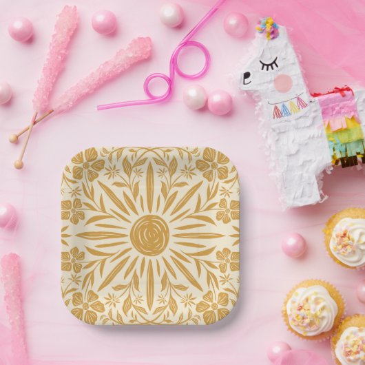 Assiette en papier imprimé floral et soleil (Fête)