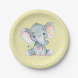 Assiette en papier jaune Baby shower éléphant