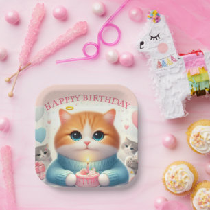 Assiette en papier Joyeux Anniversaire Chat Mignon