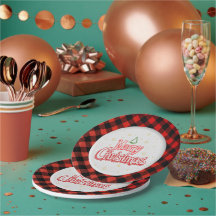 Assiette en papier Joyeux Noël à carreaux