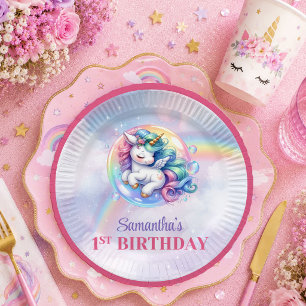 Assiette en papier Licorne Rose Violet Anniversair