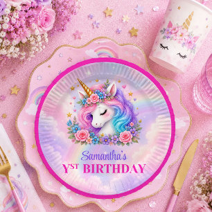 Assiette en papier Licorne Rose Violet pour fête d