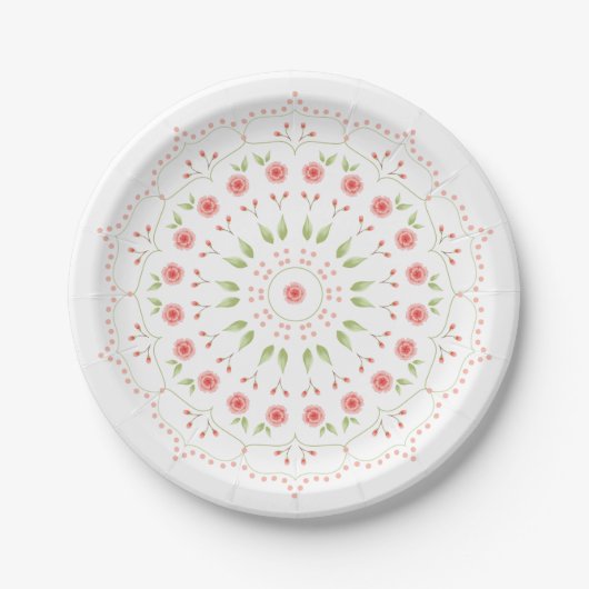 Assiette en papier mandala floral pêche (Devant)