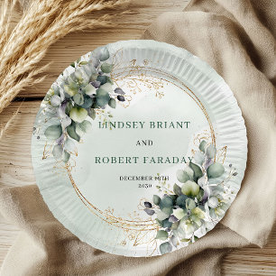Assiette en papier mariage aquarelle feuillage ver
