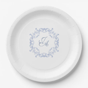 Assiette en Papier Mariage Monogramme Baroque Bleu