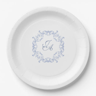 Assiette en Papier Mariage Monogramme Baroque Bleu