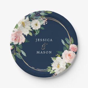 Assiette en papier mariage rose doré bleu marine