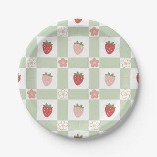 Assiette en Papier Mignonne Fraise Gingham Vert Pâ