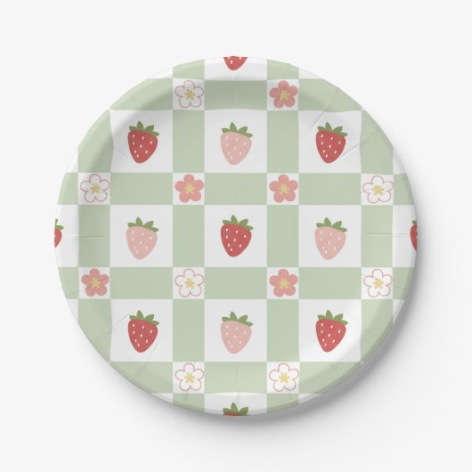 Assiette en Papier Mignonne Fraise Gingham Vert Pâ (Devant)