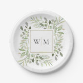 Assiette en papier Monogramme Or Feuillage Verdure (Devant)