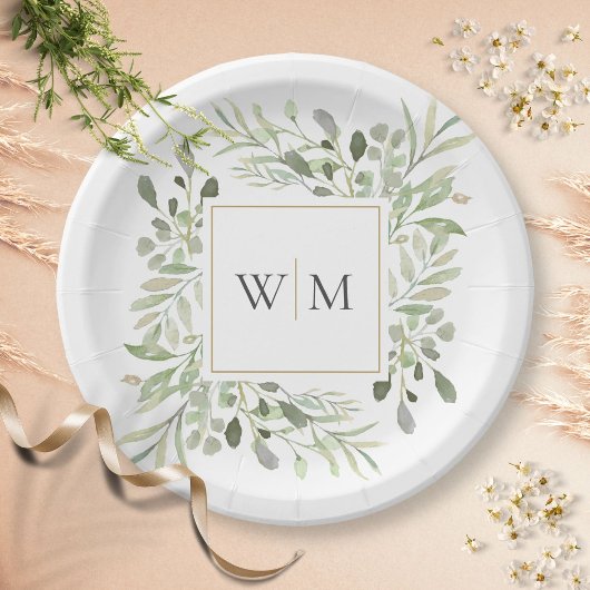 Assiette en papier Monogramme Or Feuillage Verdure